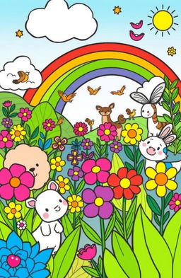 A vibrant children's coloring book illustration featuring various animals, colorful flowers, a rainbow, cheerful clouds, and rich green plants