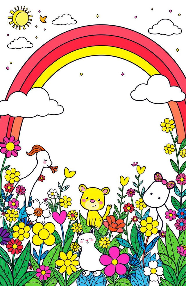 A vibrant children's coloring book illustration featuring various animals, colorful flowers, a rainbow, cheerful clouds, and rich green plants