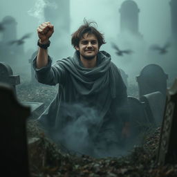 A young man triumphantly emerging from an ancient, misty grave, showcasing a look of determination and relief on his face