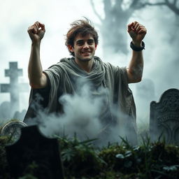 A young man triumphantly emerging from an ancient, misty grave, showcasing a look of determination and relief on his face