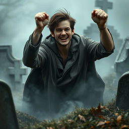 A young man triumphantly emerging from an ancient, misty grave, showcasing a look of determination and relief on his face