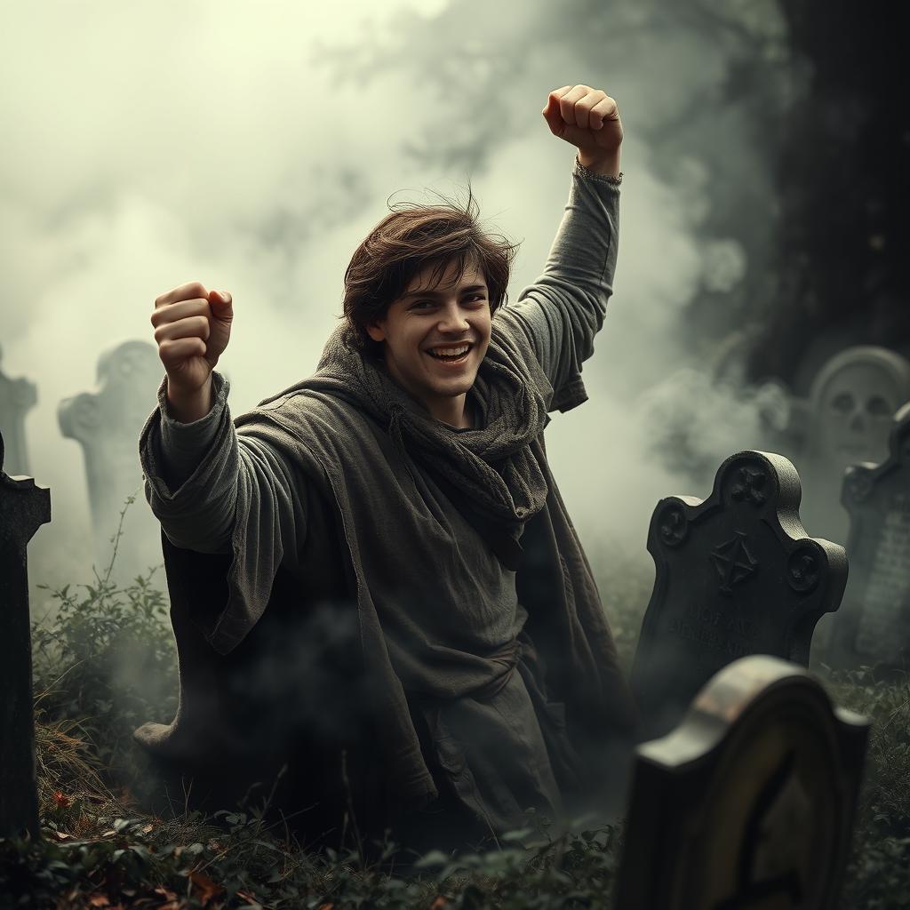 A young man triumphantly emerging from an ancient, misty grave, showcasing a look of determination and relief on his face