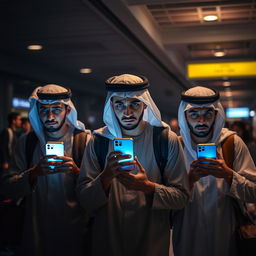 Three young Egyptian men at an airport, showcasing a sense of fear and apprehension