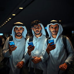 Three young Egyptian men at an airport, showcasing a sense of fear and apprehension