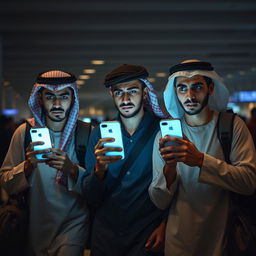 Three young Egyptian men at an airport, showcasing a sense of fear and apprehension