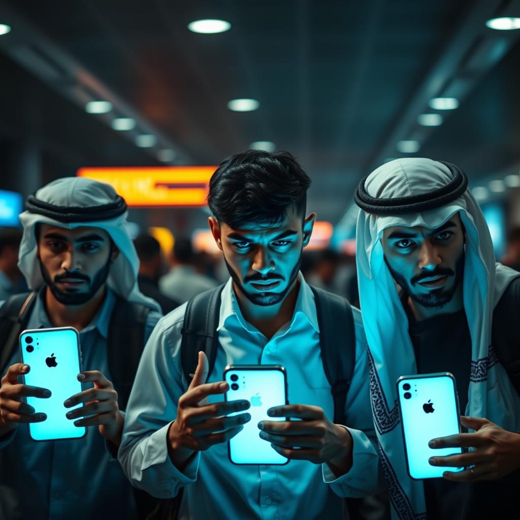 Three young Egyptian men at an airport, showcasing a sense of fear and apprehension