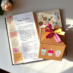A beautifully crafted journal page, styled with an aesthetic touch, including a restaurant receipt and a piece of cardboard designed as a birthday cake box