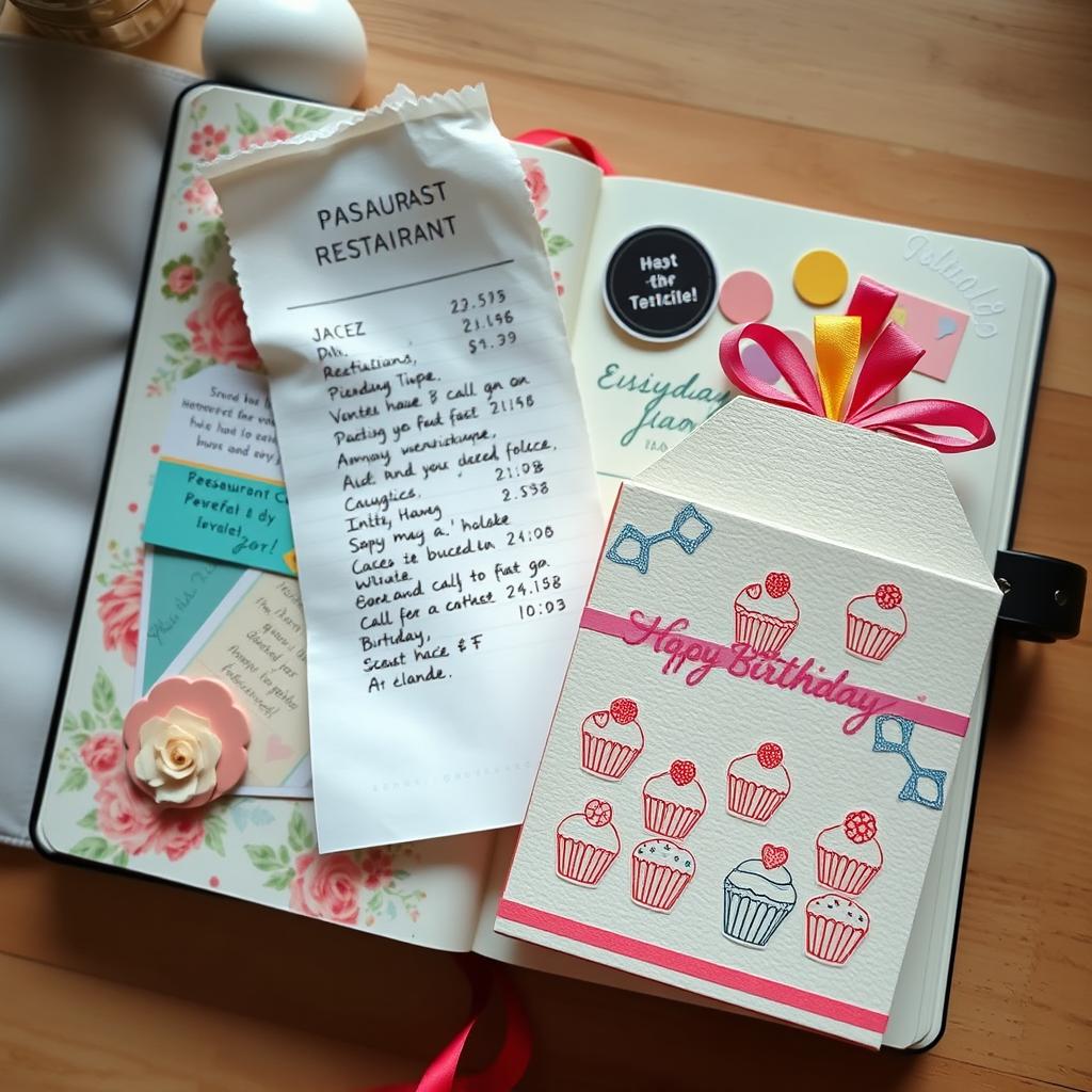 A beautifully crafted journal page, styled with an aesthetic touch, including a restaurant receipt and a piece of cardboard designed as a birthday cake box