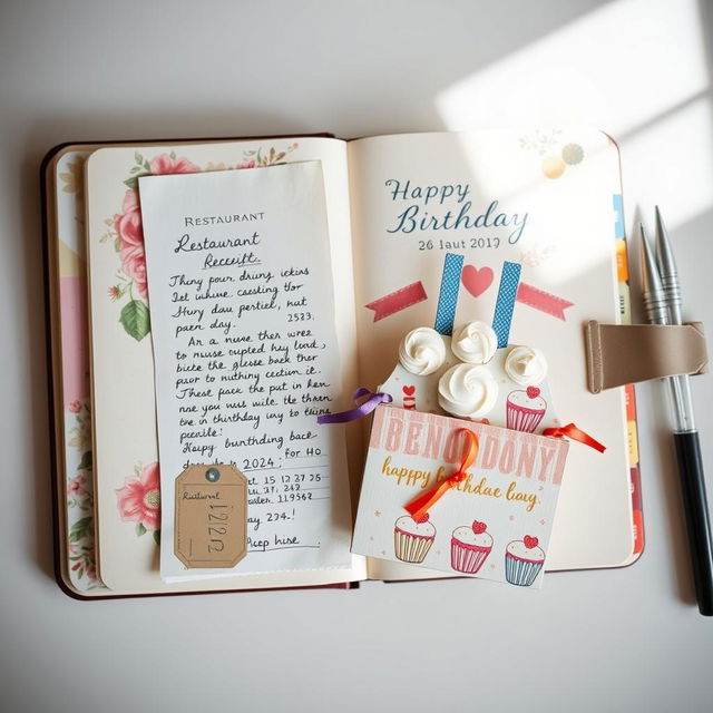 A beautifully crafted journal page, styled with an aesthetic touch, including a restaurant receipt and a piece of cardboard designed as a birthday cake box