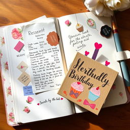 A beautifully crafted journal page, styled with an aesthetic touch, including a restaurant receipt and a piece of cardboard designed as a birthday cake box