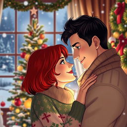 A romantic Christmas scene with a couple gazing lovingly at each other