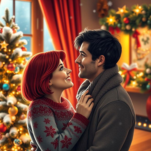 A romantic Christmas scene with a couple gazing lovingly at each other