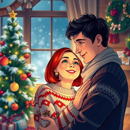 A romantic Christmas scene with a couple gazing lovingly at each other