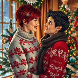 A romantic Christmas scene with a couple gazing lovingly at each other