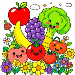 A delightful children's coloring book page featuring vibrant illustrations of fruits, vegetables, and plants