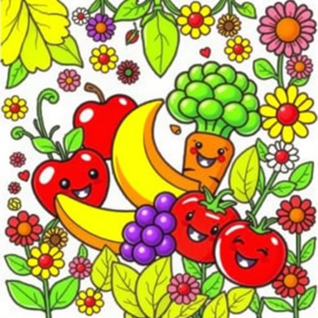 A delightful children's coloring book page featuring vibrant illustrations of fruits, vegetables, and plants