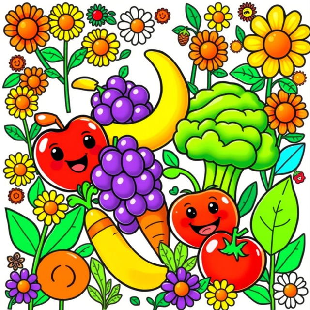 A delightful children's coloring book page featuring vibrant illustrations of fruits, vegetables, and plants