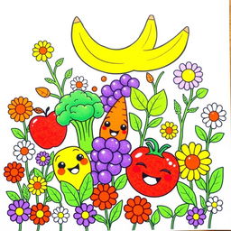 A delightful children's coloring book page featuring vibrant illustrations of fruits, vegetables, and plants