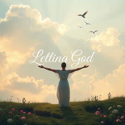 A serene landscape depicting the concept of surrendering to a higher power, with soft clouds and gentle rays of sunlight breaking through