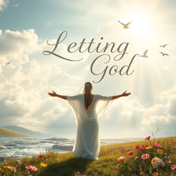A serene landscape depicting the concept of surrendering to a higher power, with soft clouds and gentle rays of sunlight breaking through