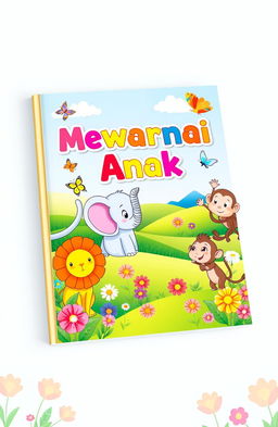 A vibrant and engaging mockup of a children's coloring book titled 'Mewarnai Anak'
