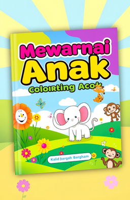 A vibrant and engaging mockup of a children's coloring book titled 'Mewarnai Anak'