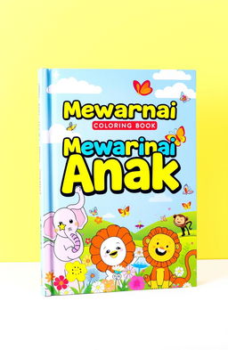 A vibrant and engaging mockup of a children's coloring book titled 'Mewarnai Anak'