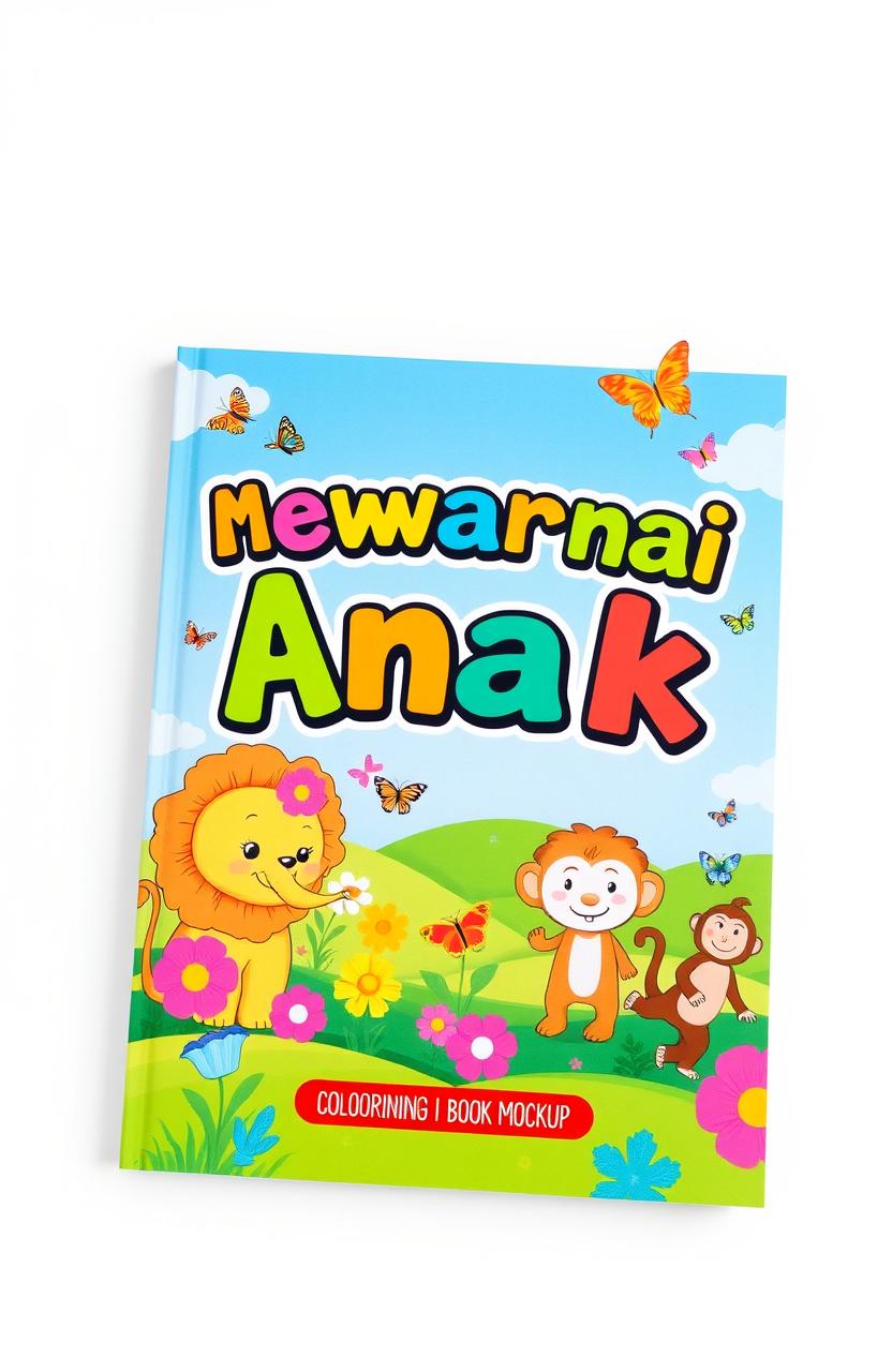 A vibrant and engaging mockup of a children's coloring book titled 'Mewarnai Anak'