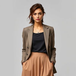 A striking woman named Rose, showcasing her naturally elegant style that reflects her artistic sensibilities