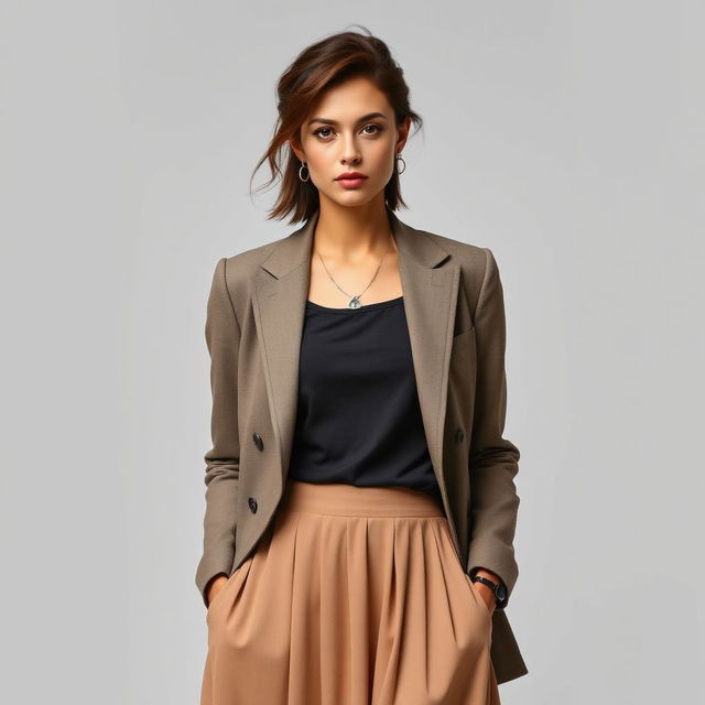 A striking woman named Rose, showcasing her naturally elegant style that reflects her artistic sensibilities