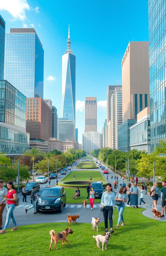 A vibrant cityscape representing the contemporary world, showcasing modern architecture with glass facades, green parks, and diverse people interacting