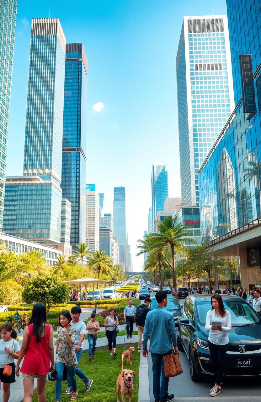 A vibrant cityscape representing the contemporary world, showcasing modern architecture with glass facades, green parks, and diverse people interacting