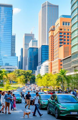 A vibrant cityscape representing the contemporary world, showcasing modern architecture with glass facades, green parks, and diverse people interacting