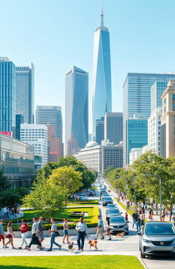 A vibrant cityscape representing the contemporary world, showcasing modern architecture with glass facades, green parks, and diverse people interacting