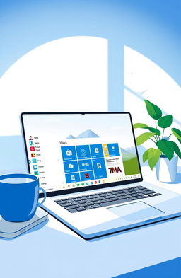 A beautiful and vibrant digital illustration of the Windows 11 operating system interface, showcasing the modern design with rounded corners, a centered taskbar, and colorful icons