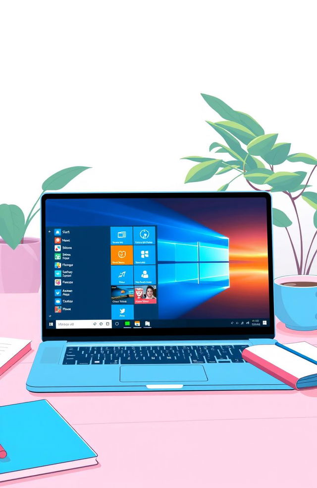 A beautiful and vibrant digital illustration of the Windows 11 operating system interface, showcasing the modern design with rounded corners, a centered taskbar, and colorful icons