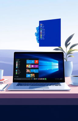 A beautiful and vibrant digital illustration of the Windows 11 operating system interface, showcasing the modern design with rounded corners, a centered taskbar, and colorful icons