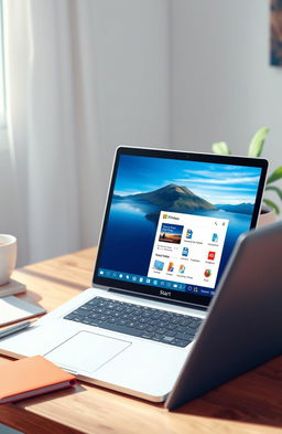 A beautiful and vibrant digital illustration of the Windows 11 operating system interface, showcasing the modern design with rounded corners, a centered taskbar, and colorful icons