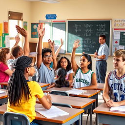 A vibrant classroom scene featuring a diverse group of high school students engaged in a lively discussion