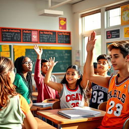 A vibrant classroom scene featuring a diverse group of high school students engaged in a lively discussion