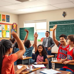 A vibrant classroom scene featuring a diverse group of high school students engaged in a lively discussion