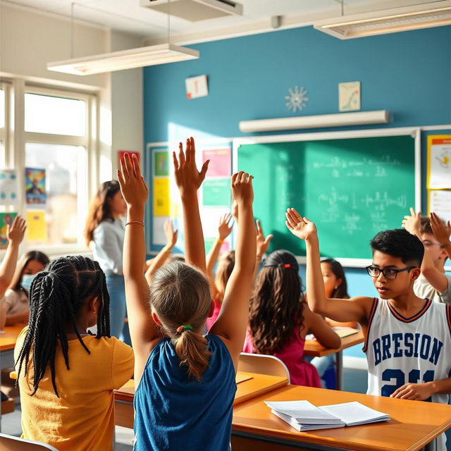 A vibrant classroom scene featuring a diverse group of high school students engaged in a lively discussion