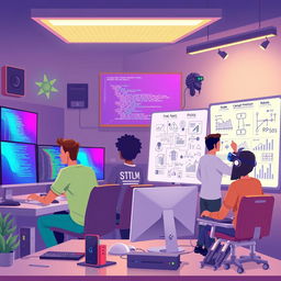 An engaging illustration of a computer science environment, featuring a diverse group of individuals collaborating on various computing tasks