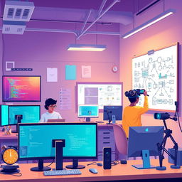 An engaging illustration of a computer science environment, featuring a diverse group of individuals collaborating on various computing tasks