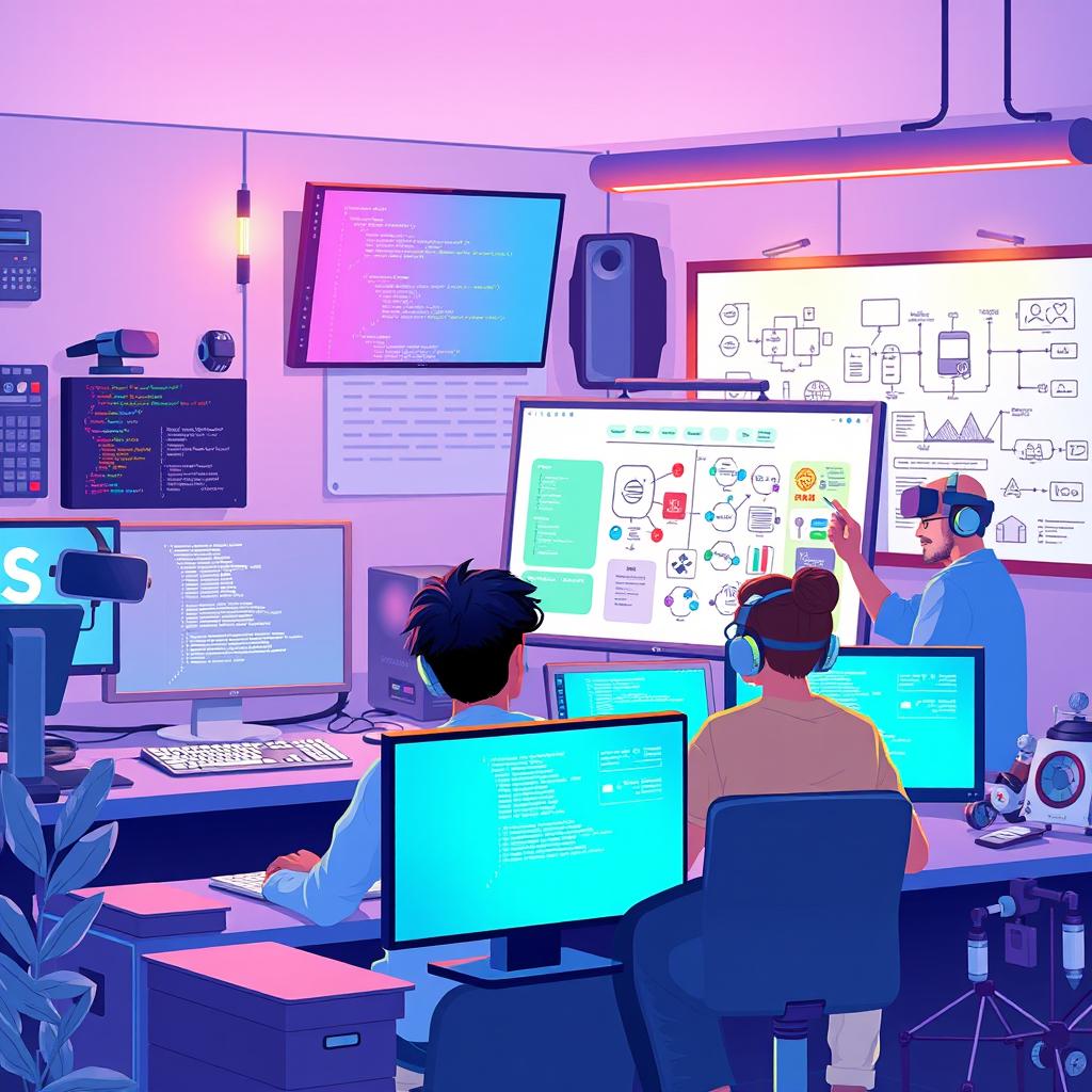 An engaging illustration of a computer science environment, featuring a diverse group of individuals collaborating on various computing tasks