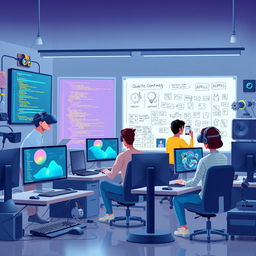 An engaging illustration of a computer science environment, featuring a diverse group of individuals collaborating on various computing tasks