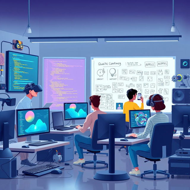 An engaging illustration of a computer science environment, featuring a diverse group of individuals collaborating on various computing tasks