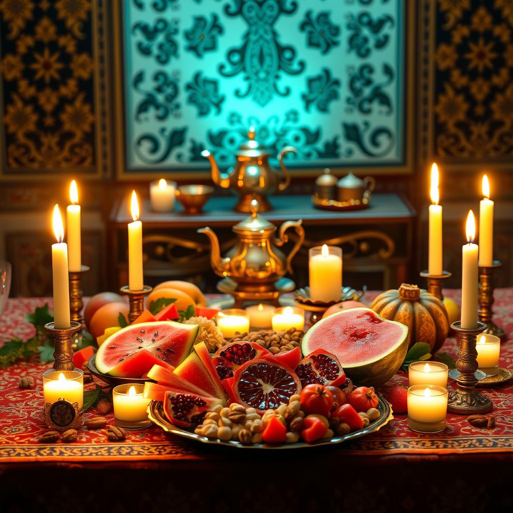 A beautifully arranged Yalda table, adorned with traditional Persian elements symbolizing the winter solstice celebration