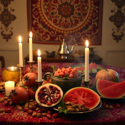 A beautifully arranged Yalda table, adorned with traditional Persian elements symbolizing the winter solstice celebration