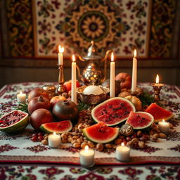 A beautifully arranged Yalda table, adorned with traditional Persian elements symbolizing the winter solstice celebration